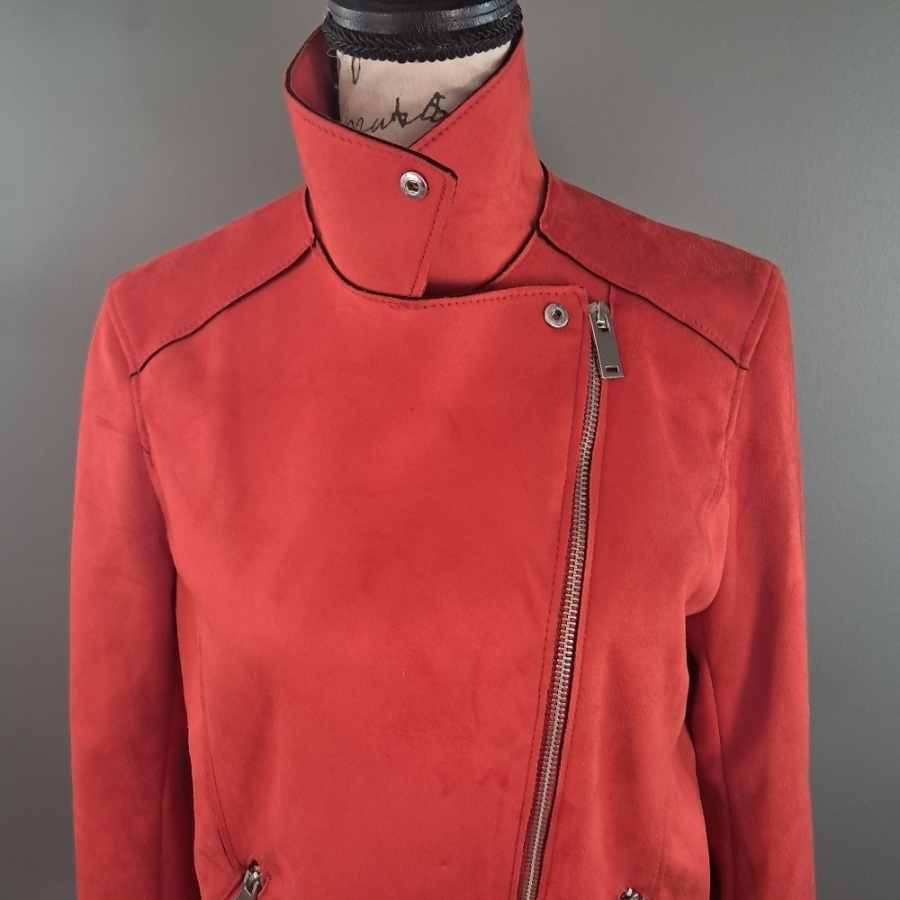 H&M Red Faux-Suede Moto Full-Zip Jacket Size 6 - Picture 4 of 8